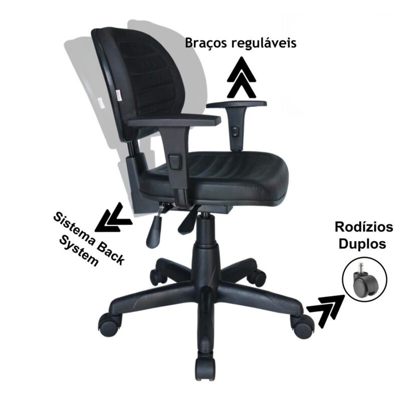 Cadeira Executiva Back System COSTURADA com Braços Reguláveis – Cor Preta – 31008 AMANHECER MÓVEIS 4