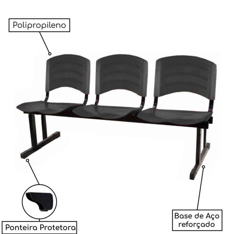 Kit 05 Cadeiras Longarinas PLÁSTICA 03 Lugares – Cor PRETO 33034 AMANHECER MÓVEIS 4