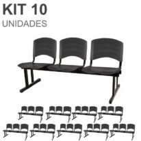 Kit 10 Cadeiras Longarinas PLÁSTICA 03 Lugares – Cor PRETO 33039 AMANHECER MÓVEIS
