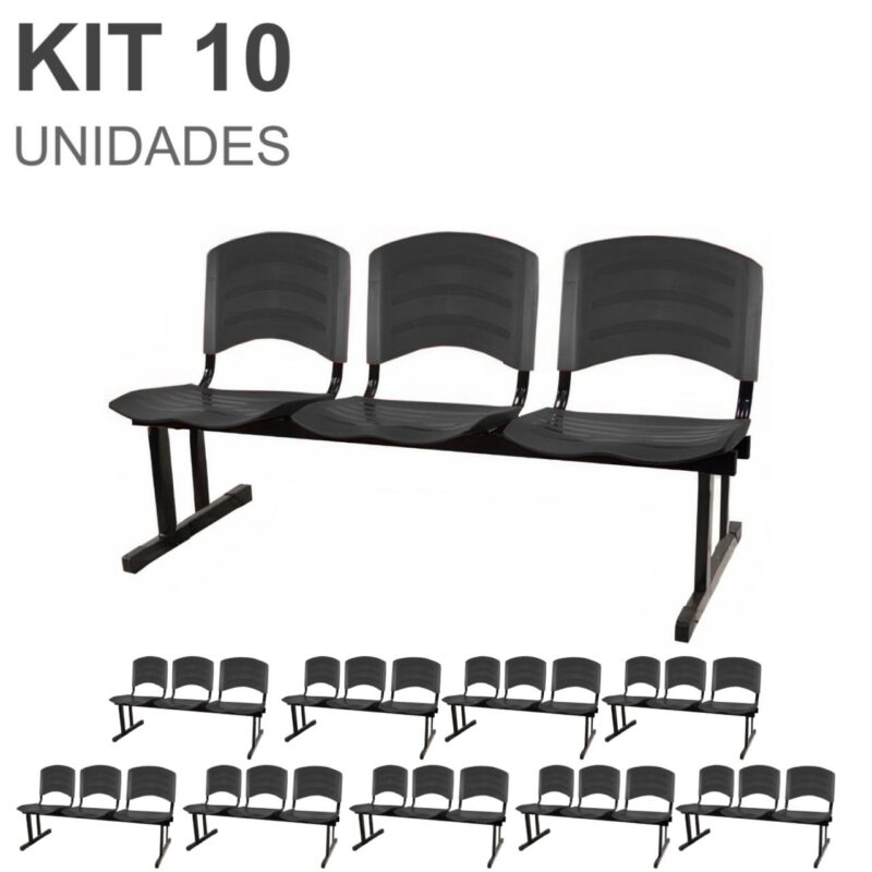 Kit 10 Cadeiras Longarinas PLÁSTICA 03 Lugares – Cor PRETO 33039 AMANHECER MÓVEIS 2