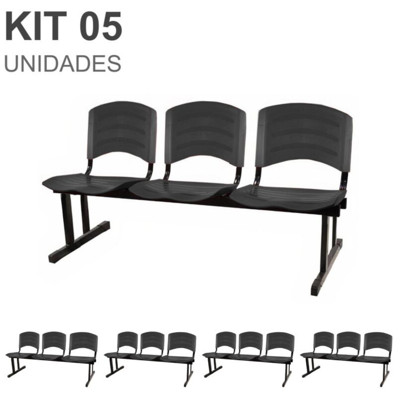 Kit 05 Cadeiras Longarinas PLÁSTICA 03 Lugares – Cor PRETO 33034 AMANHECER MÓVEIS 2