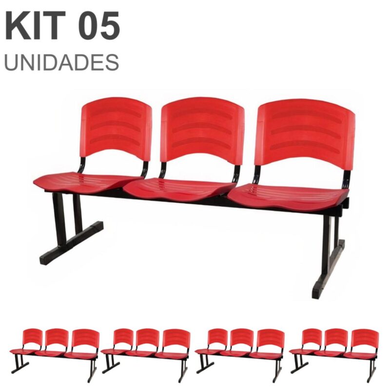 Kit 05 Cadeiras Longarinas PLÁSTICAS 03 Lugares – Cor Vermelho 33043 AMANHECER MÓVEIS 2