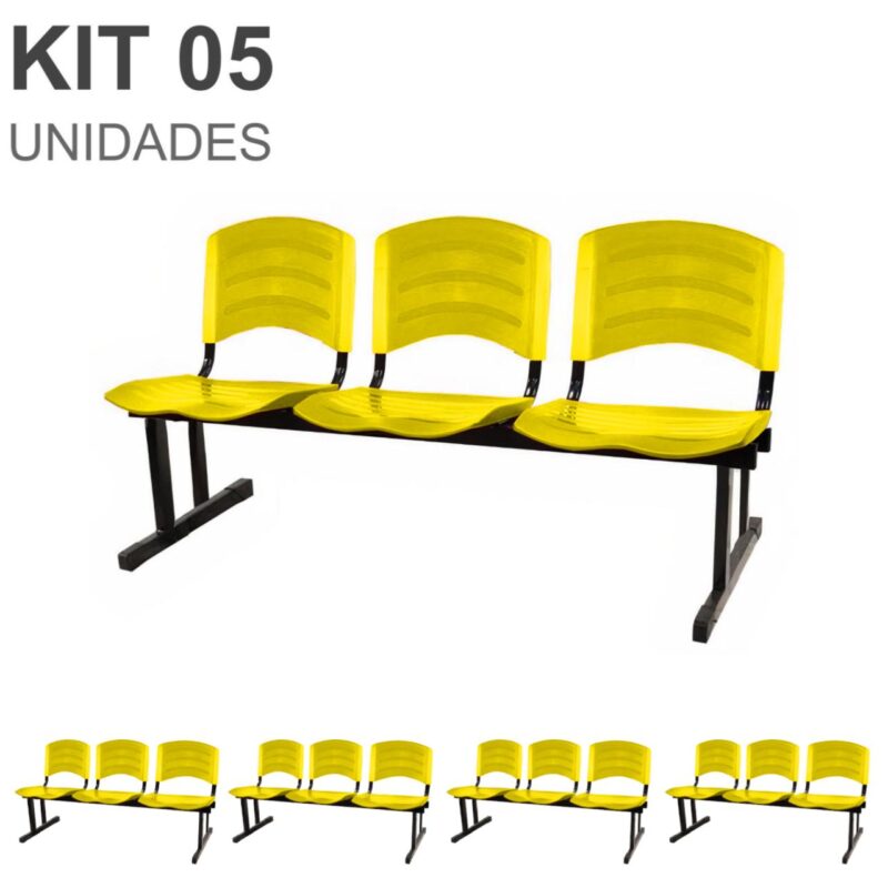 Kit 05 Cadeiras Longarinas PLÁSTICAS 03 Lugares – Cor Amarelo 33080 AMANHECER MÓVEIS 2