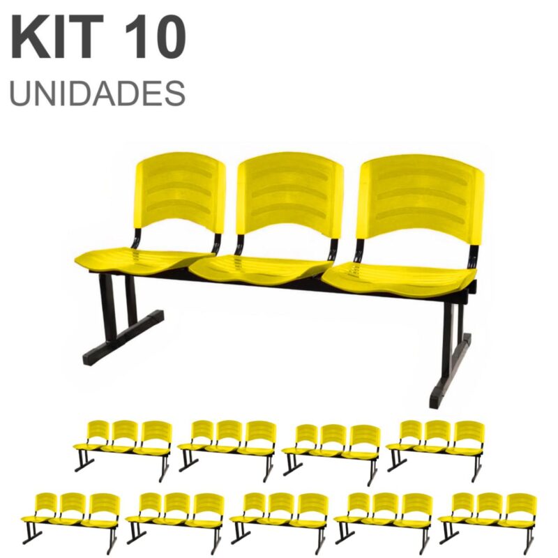 Kit 10 Cadeiras Longarinas PLÁSTICAS 03 Lugares – Cor Amarelo 33085 AMANHECER MÓVEIS 2